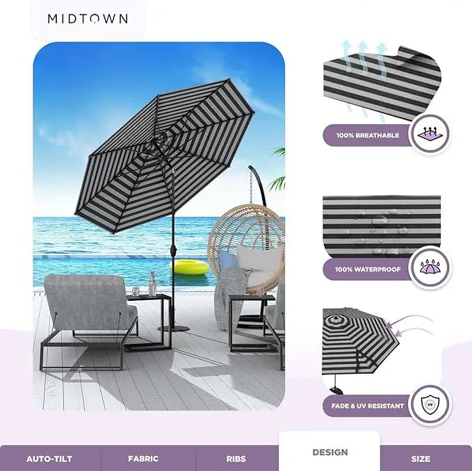 Midtown Umbrellas Sunbrella Umbrella 9 Feet Outdoor Umbrella With Black & White Acrylic Fabric - Auto-Tilt Aluminum Frame Patio Umbrella For Backyard, Deck, Garden, Pool - Black Pole by GreenHaven Gardens
