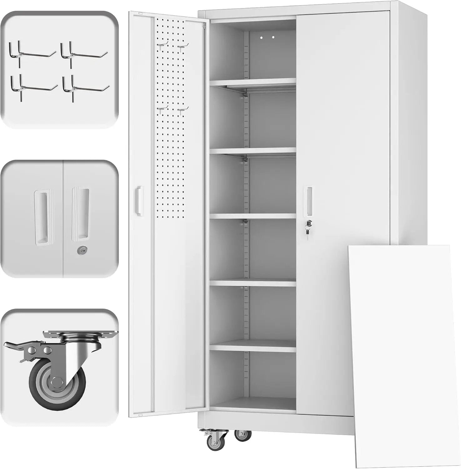 Aobabo 71" H×32" W×16" D Metal Storage Cabinet with Wheels, Garage Steel Storage Cabinet with 5 Adjustable Shelves and 4 Hooks for Home Office, Kitchen, Assembly Required, White by GreenHaven Gardens