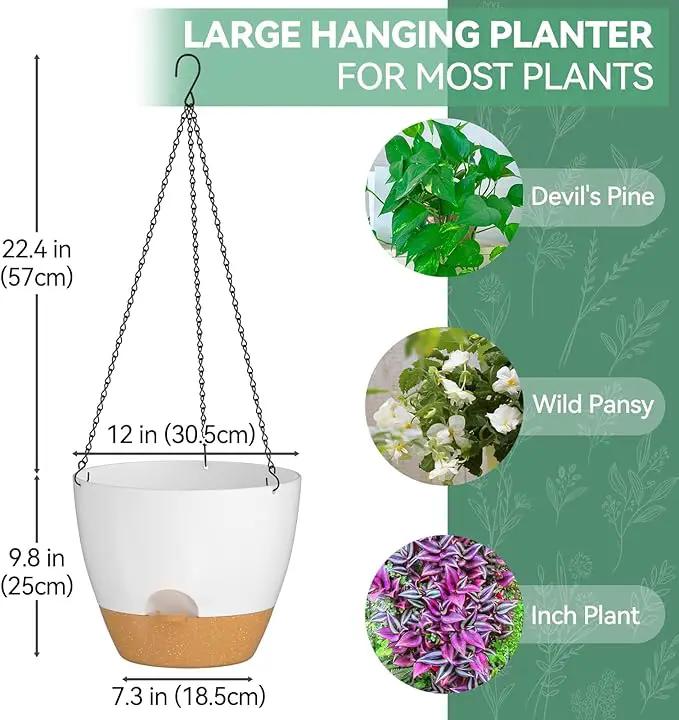 ZMTECH 12 Inch Hanging Planters for Indoor Outdoor Plants, 1 Pack Self Watering Hanging Plant Pots with Drainage Holes and Removable Saucer, Plastic Flower Hanging Pots with Watering Lip (White) by GreenHaven Gardens