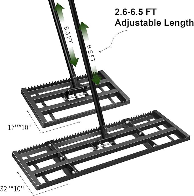 Lawn Leveling Rake-32"x10" Heavy Duty Leveler Reinforced Landscape Tool, Steel Golf Rake with Serrated Edge & Smooth Plate for Level Soil Compost Sand Grass Dirt Yard Garden 6.5FT Adjustable Handle by GreenHaven Gardens