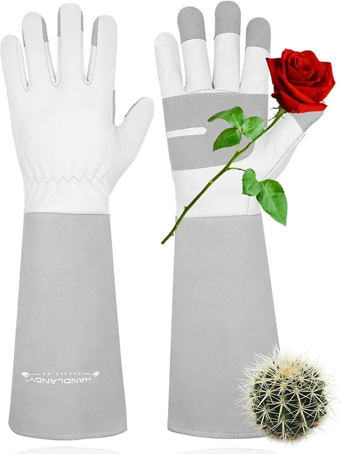 HANDLANDY Long Gardening Gloves for Men & Women, Thorn Proof Rose Pruning Gloves Leather Gauntlets Garden Glove Yard Work Glove (Large, Grey) by GreenHaven Gardens