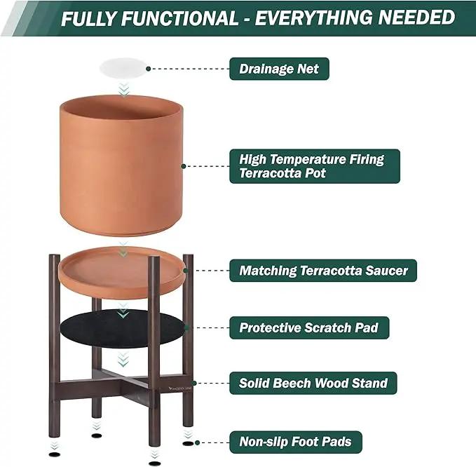 D'vine Dev Terracotta Planter with Walnut Color Stand - 8 Inch Modern Round Flower Pot with Wood Planter Holder, Terracotta, 55-B-Y-5 by GreenHaven Gardens