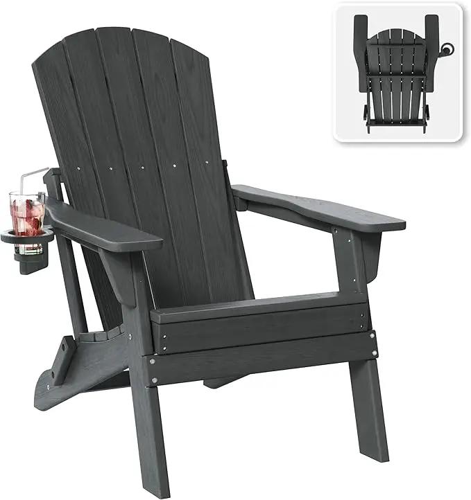 Folding Adirondack Chair with Cup Holder, HDPE All Weather Resistant Plastic Outdoor Patio Chairs, Heavy Duty Fire Pit Seating for Backyard Lawn Garden, Wooden Textured Design(Gray) by GreenHaven Gardens