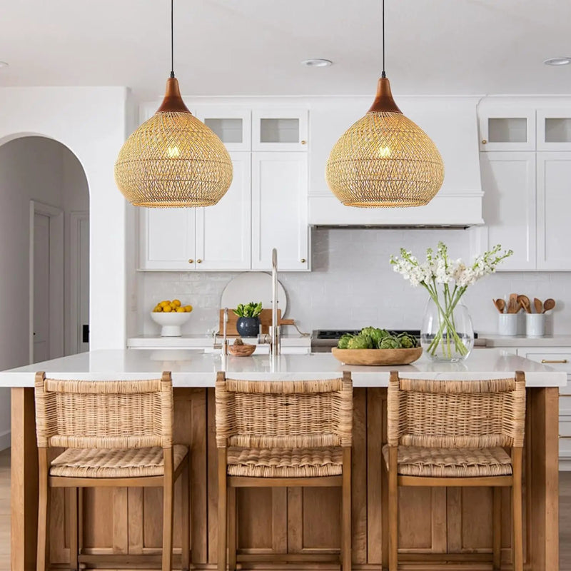 Rattan Pendant Light, 15.7" Rattan Chandelier Hand-Woven Boho Pendant Light Fixtures with Solid Wood, Basket Wicker Chandelier for Dining Room Kitchen Island Living Room by GreenHaven Gardens