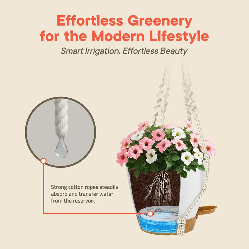 White Hanging Self Watering Pots with Macrame Ivory Rope, 3 Pack Indoor & Outdoor Hanging Plant Pots with Built-in Reservoir, Wick Rope, Drainage Holes & Hooks, Stylish Boho Decor Hanging Planter by GreenHaven Gardens