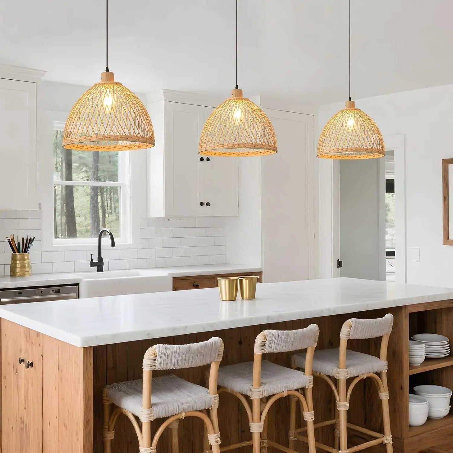 Hand-Woven Rattan Pendant Light, 16 Inch Boho Wicker Lights Fixture Wite Adjustable Cable, Coastal Hanging Lighting for Kitchen Island Dining Room Living Room Entrance Foyer by GreenHaven Gardens