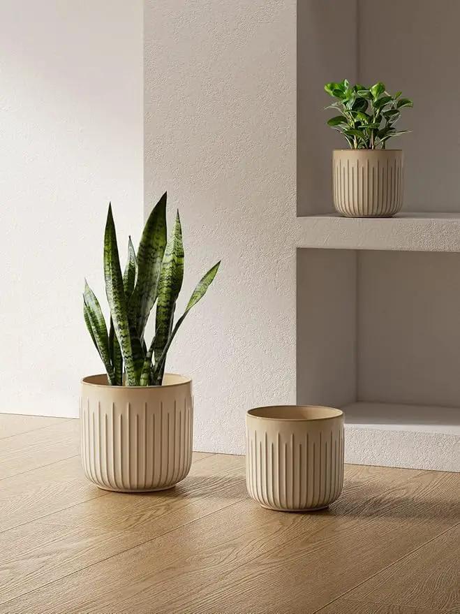 LE TAUCI Fluted Ceramic Planters Set of 3 – 8.3/7 / 5.7 in Cloud Cream Reactive Cylinder Indoor Plant Pots with Drainage Plug & Mesh, Glossy Stoneware Flower Pots for Succulents Herbs by GreenHaven Gardens