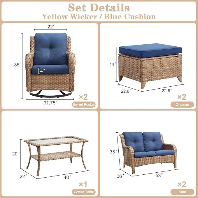 Wicker Outdoor Furniture Patio Furniture Set - 6 Piece Patio Conversation Set with Swivel Rocker Chairs, Loveseat Sofa, Ottomans and Coffee Table, Blue Cushion by GreenHaven Gardens