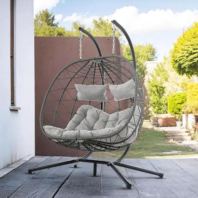 2 Person Double Egg Swing Chair with Stand Indoor Outdoor, Hammock Egg Chair Outdoor, Patio Wicker Hanging Egg Chair w/Cushion 700LBS Capacity for Bedroom, Balcony, Garden, Grey by GreenHaven Gardens