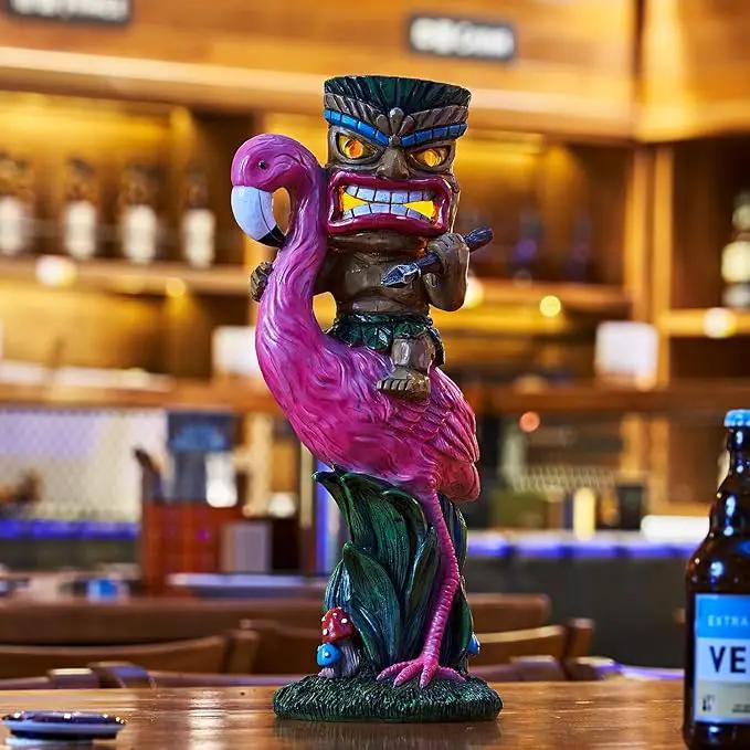 Solar Tiki Statue - Outdoor Statue - Solar Powered Garden Figurine Tiki Decoration for Bar, Patio, Balcony, Yard, Lawn, Table, Riding a Flamingo 13.66 Inches Tall by GreenHaven Gardens