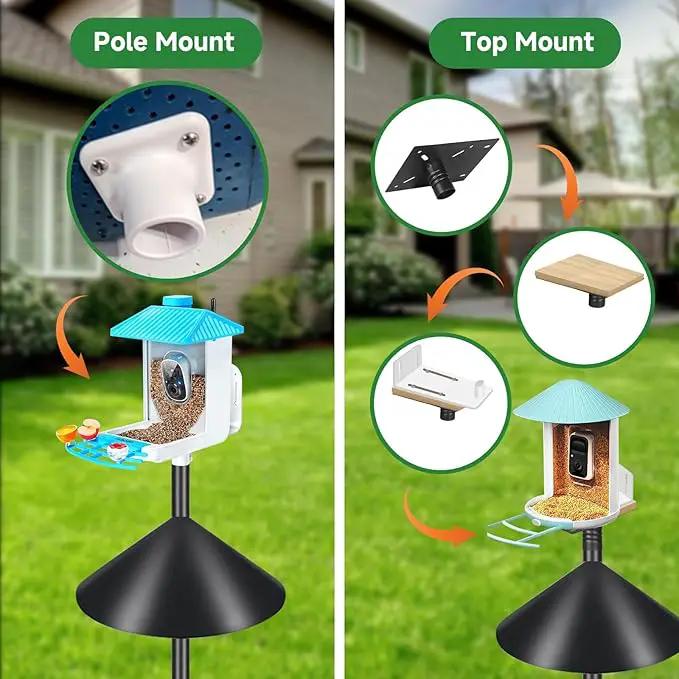 Smart Bird Feeder Pole Stand 79In,Adjustable Height Metal Bird House Pole for Outdoor Garden with Multiple Mounting Options (Black, Round Squirrel Baffle - High 79in) by GreenHaven Gardens