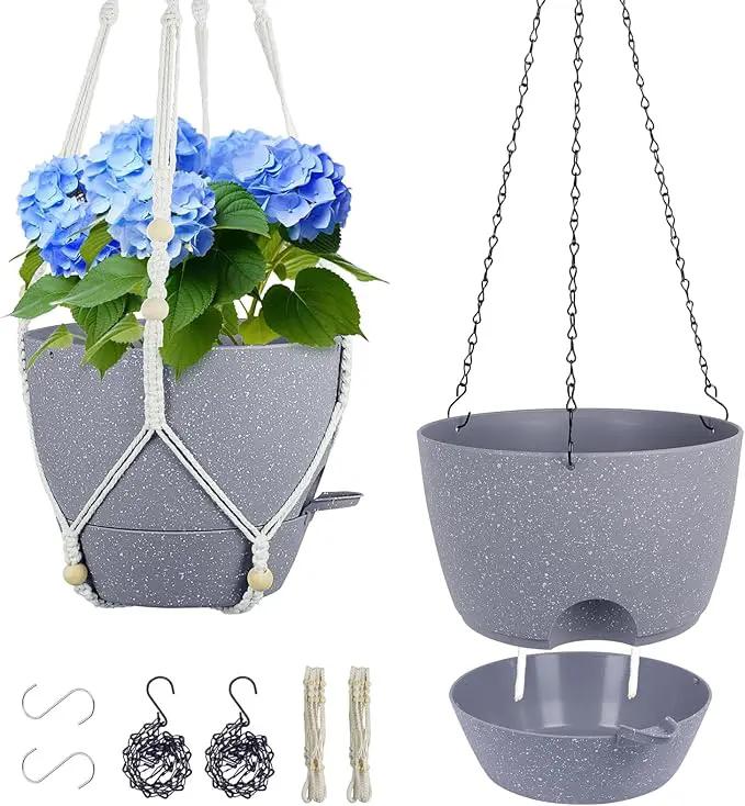 Self Watering Hanging Planters 10 inch, 2 Pack Hanging Flower Pots for Indoor Outdoor Plants, Hanging Baskets with Drainage Holes & 2 Kinds of Plant Hangers for Garden Decor, Speckled Grey by GreenHaven Gardens