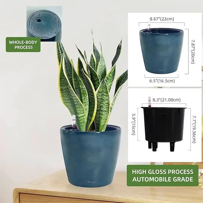 Dexceder 9x8 Inches Self Watering Planter Indoor Outdoor, Inner Pot Design, Thickened Table Flower Plant Pot with Water Level Indicator (Grayish Green Gradient) by GreenHaven Gardens