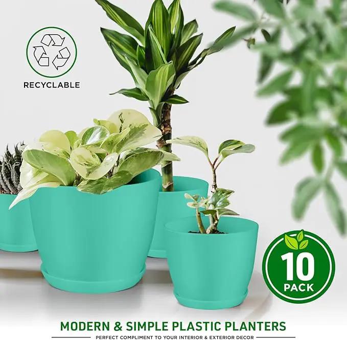 Planter Pots with Drainage Holes - Lightweight, Durable, and Space-Saving Pots for Indoor and Outdoor - Versatile Functionality, Simple Modern Design, Set of 10 Plastic Planter Pots - Aqua by GreenHaven Gardens