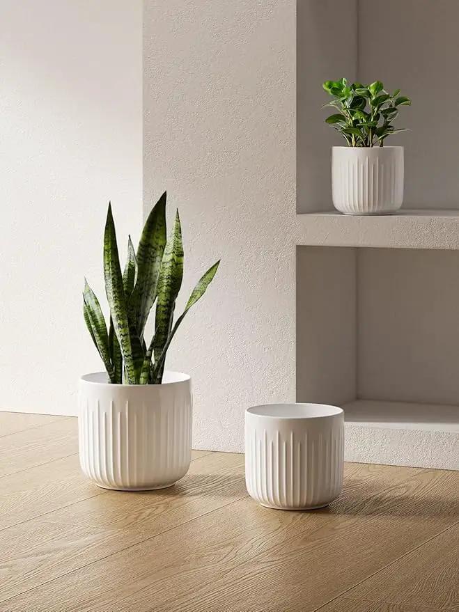 LE TAUCI Fluted Ceramic Planters Set of 3 – 8.3/7 / 5.7 in White Cylinder Indoor Plant Pots with Drainage Plug & Mesh, Matte Glazed Stoneware Flower Pots for Succulent Herb Cactus by GreenHaven Gardens