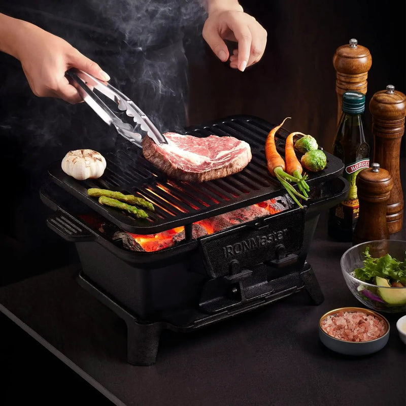 IronMaster Hibachi Grill Outdoor, Small Portable Charcoal Grill, 100% Pre-Seasoned Cast Iron, Japanese Yakitori Camping Grill - 2 Heights, Air Control, Coal Door + Carrying case by GreenHaven Gardens