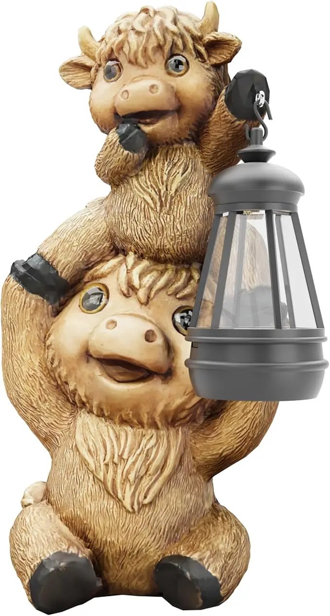 Highland Cow Statues with Solar Lights, Highland Cow Resin Figurine Lights, Highland Cow Ornaments for Patio, Balcony, Indoor Decoration and as Gifts by GreenHaven Gardens