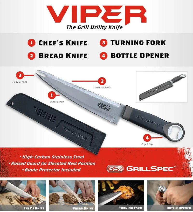 VIPER Grill Utility Knife - 8 inch High Carbon Stainless Steel Chef Knife Bread Knife Meat Turner Bottle Opener with Sheath Grilling Gifts for Dad Men by GreenHaven Gardens