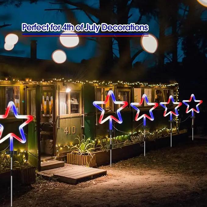 4 Pack Red White and Blue Solar Light Outdoor, 4th of July Decorations Patriotic Lights with Big LED Neon Star, Garden Stake Pathway Lights with 8 Modes for Independence Day Memorial Day Decor by GreenHaven Gardens