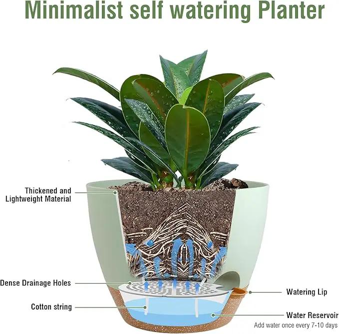 12 inch Large Self Watering Pots, Plant Pots with Mesh Drainage Holes for Indoor Outdoor Plants, Plastic Planters with Deep Reservoir for Garden House Flower Plants, Green with Brown by GreenHaven Gardens