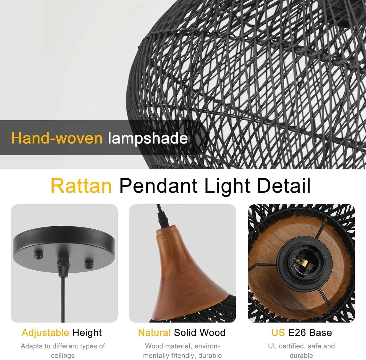 Black Rattan Pendant Light, 15.7" Rattan Chandelier Hand-Woven Wicker Pendant Light Fixtures with Solid Wood, Basket Hanging Lighting for Dining Room Kitchen Island Living Room by GreenHaven Gardens