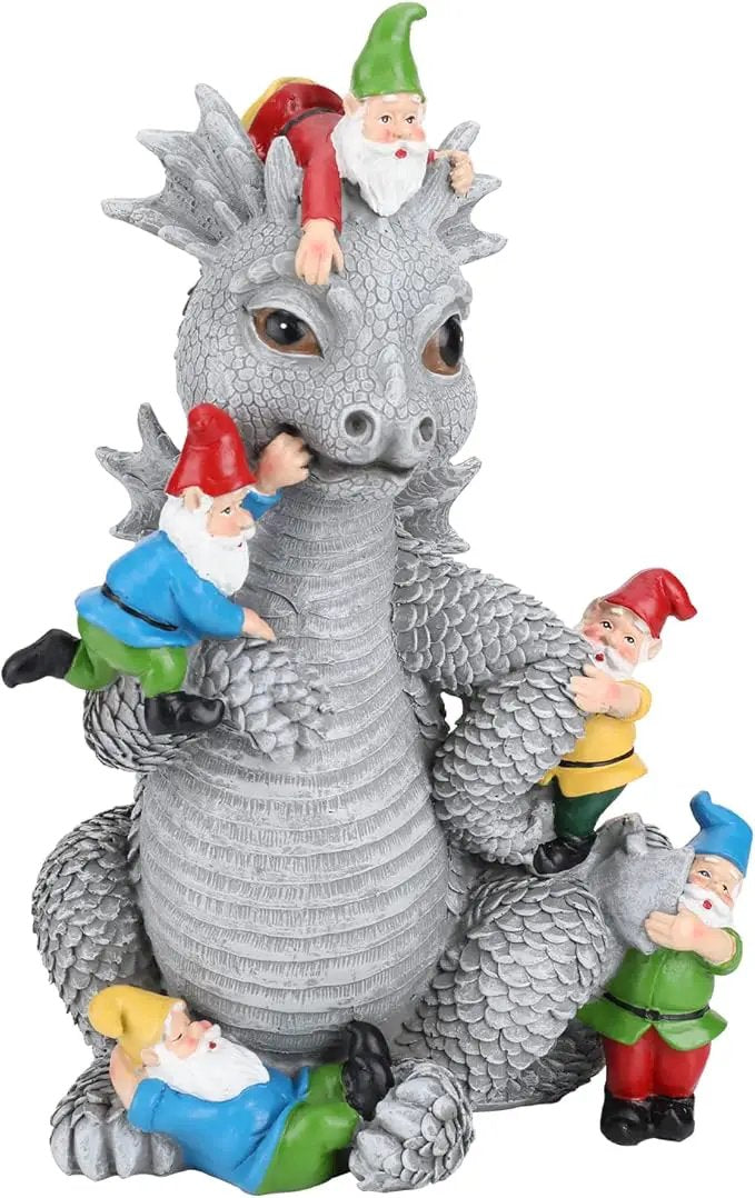 Dragon Gnome Statues Outdoor Decor, 13” Dinosaur Play with Gnomes Garden Statue, Outdoor Statue for All Season Lawn Decor, Garden Decoration, Gardening Gift by GreenHaven Gardens