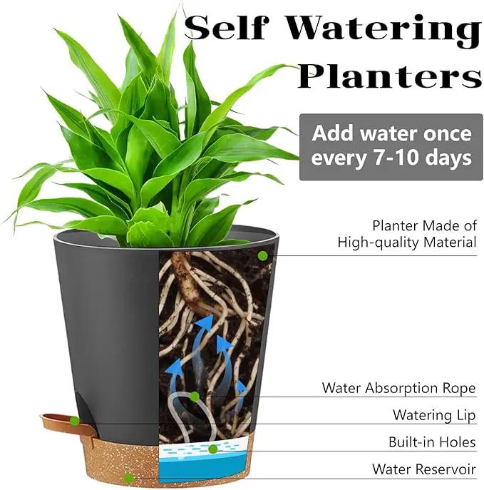 Self Watering Pots 7Pack Planting Pots for All Indoor Plants, Flower Planting Pots with Drainage Hole and Reservoir Black Plastic Succulent Planter Modern Decorations/Gift Idea by GreenHaven Gardens