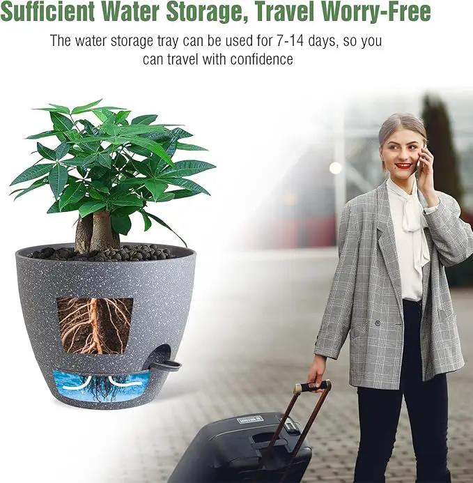 12 inch Large Self Watering Pots, Plastic Planters with 60oZ Removable Deep Reservoir and Multi Mesh Drainage Holes for Indoor Outdoor Garden Plants and Flowers, Grey Speckles by GreenHaven Gardens