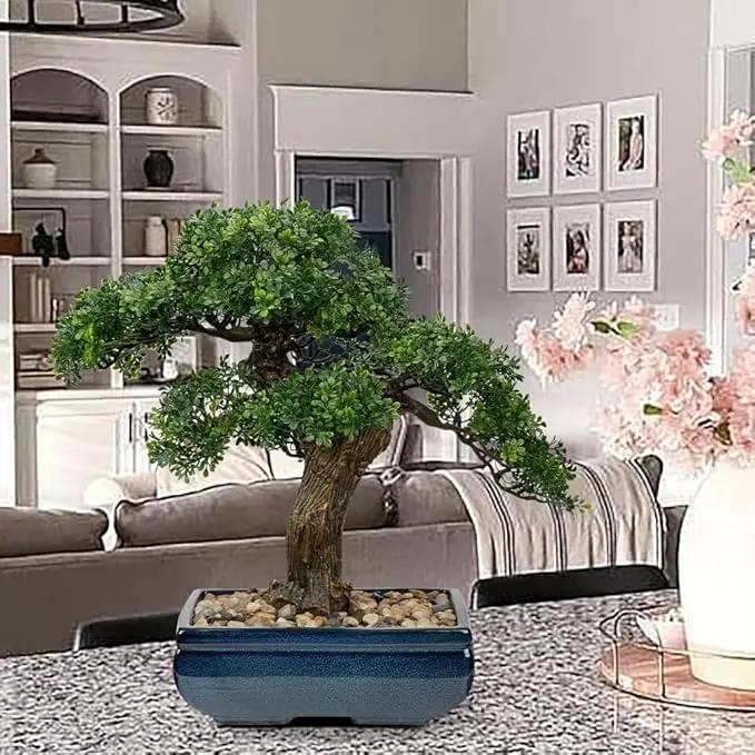 Artificial Bonsai Tree Juniper Faux Plants Indoor Fake Plants Decor with Blue Square Ceramic Pots for Home Table Office Desk Bathroom Shelf Bedroom Living Room Farmhouse Decorations by GreenHaven Gardens