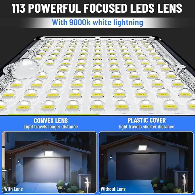 Outdoor Solar Lights,113 Powerful LED Lenses with 9000k Cool White Light, Solar Security Lights Indoor 5 Meters Long Wire, Works Upto 24 HR on Mode 3, Comes with 2 Year Warranty. by GreenHaven Gardens