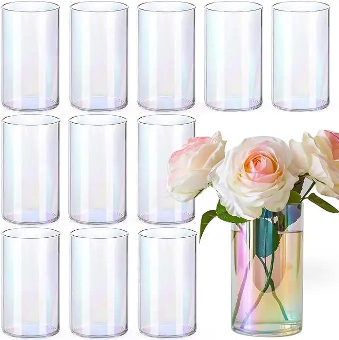12pc Glass Cylinder Bud Vases for Centerpieces,6 inch Tall Irised Crystal Clear Flower Vases in Bulk,Hurricane Glass Candle Holders for Table Centerpiece Formal Dinners Home Decor by GreenHaven Gardens