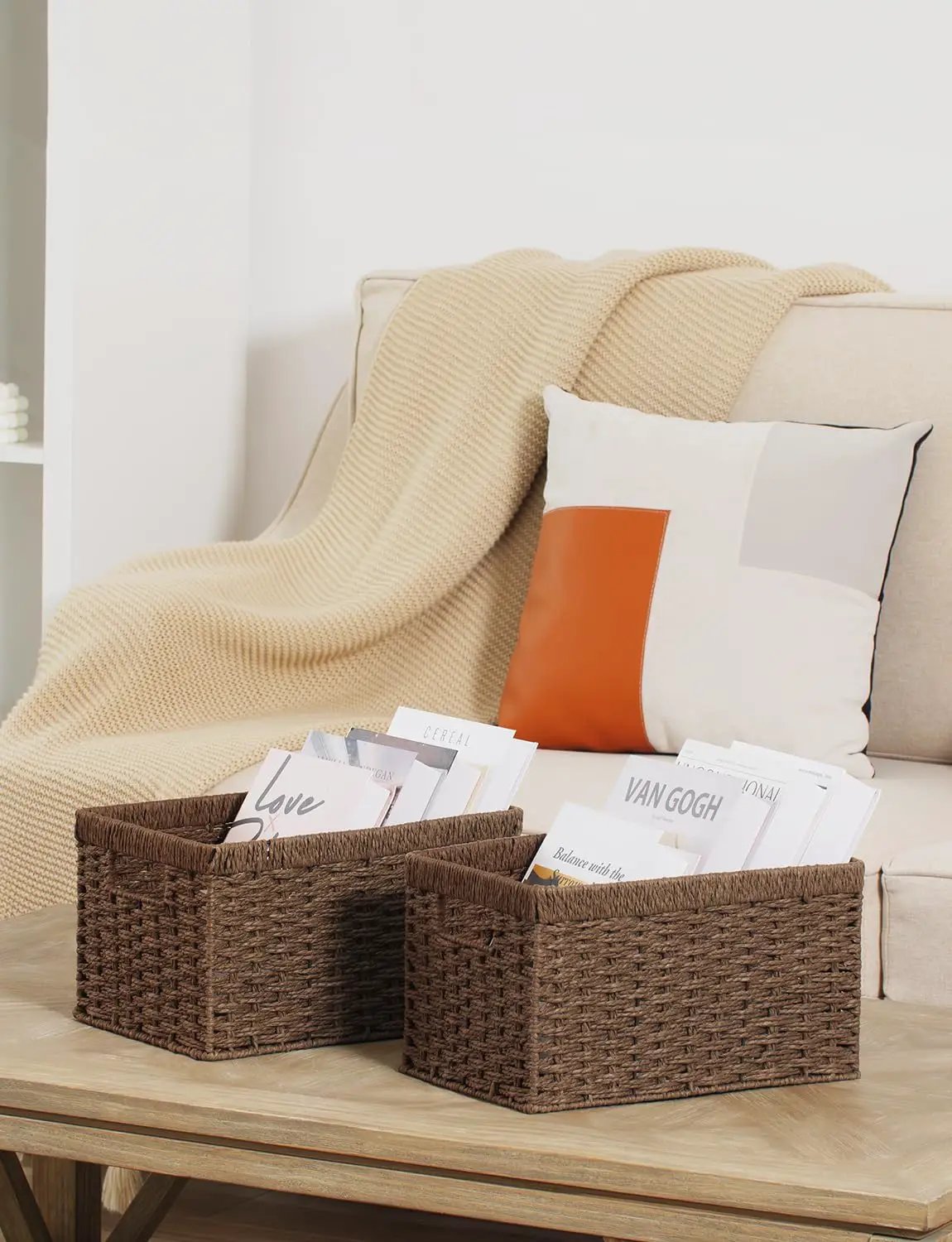 StorageWorks Round Paper Rope Storage Baskets, Rectangular Wicker Baskets with Built-in Handles, Medium, 2-Pack by GreenHaven Gardens