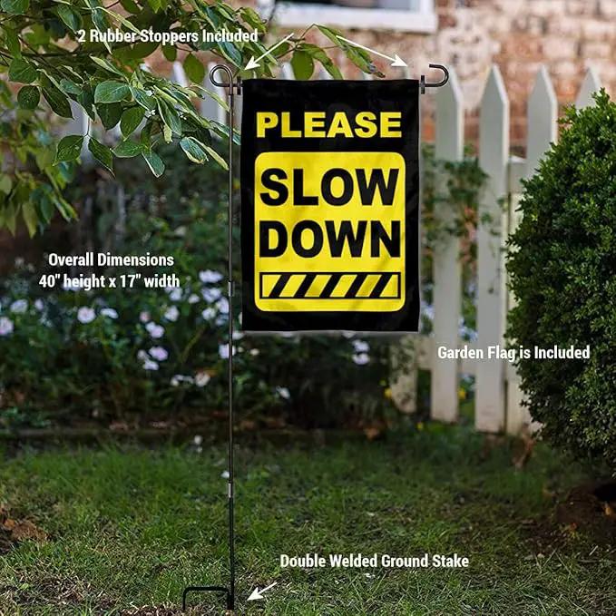 College Flags & Banners Co. Please Slow Down Speeding Sign Garden Flag with Pole Stand Holder by GreenHaven Gardens