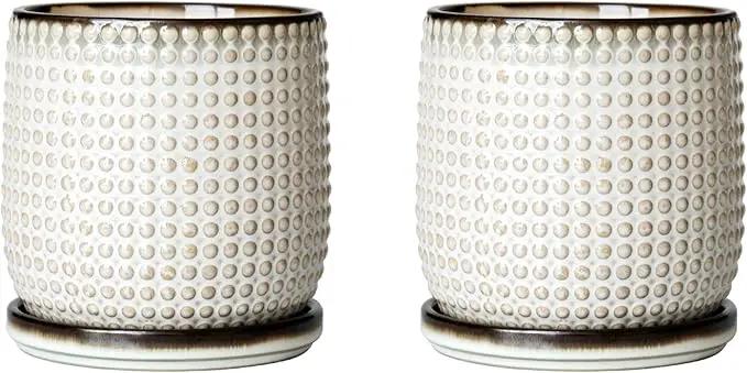 D'vine Dev Set of 2 Ceramic Plants Pots, 4 Inch Beaded Stoneware Flower Pot for Plants with Drainage Hole and Saucer, Smoked White, 27-E-Z-1 by GreenHaven Gardens