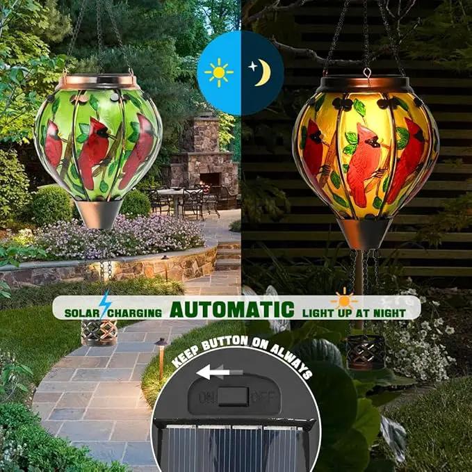 Hot Air Balloon Solar Lantern - Cardinal Bird Glass Lantern with Simulated Flickering Flame, Outdoor Hanging Yard Light Waterproof IP65 & Weather Resistant for Garden Patio Lawn Porch Decor Gfit by GreenHaven Gardens