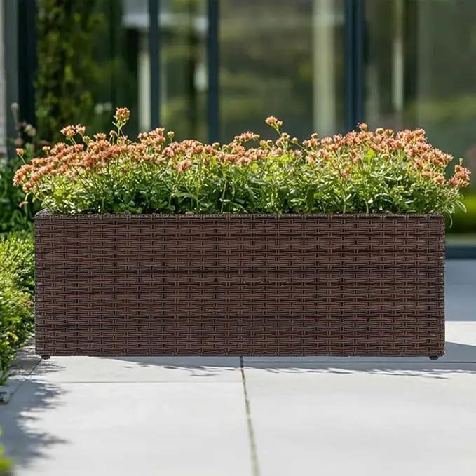 LEWIS&WAYNE Large Rectangular Block Planter Box Handmade Wicker Tall Planters for Outdoor Plants with Removable Liners Modern Planter for Indoor Outdoor Patio Deck - Brown, 30''x12''x16'' by GreenHaven Gardens
