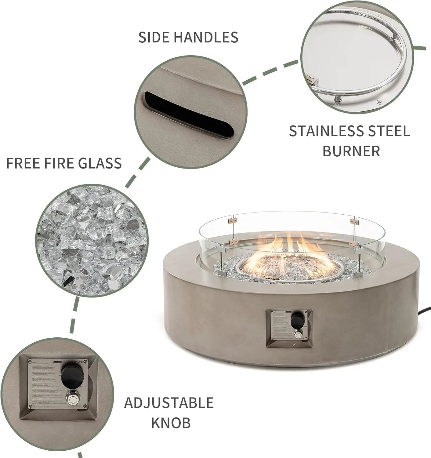 COSIEST Outdoor Propane Fire Pit Coffee Table w Gray 42 inch Round Base Patio Heater, CSA Certified, 50,000 BTU Stainless Steel Burner, Wind Guard, Transparent Gray Fire Glass, Rain Cover by GreenHaven Gardens
