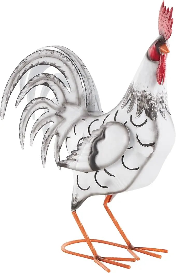 Deco 79 Metal Rooster Decorative Garden Sculpture Garden Statue with Black and Red Accents, Outdoor Sculpture 6" x 16" x 18", White by GreenHaven Gardens