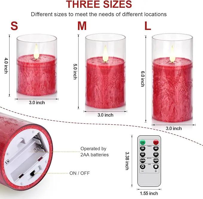 Flameless Flickering Remote Control Candle, Glass Pillar Candle,3 Pack (D:3"×H:4" 5" 6") LED 3D Flame Romantic Candle,Battery Operated Real Wax, Ideal for Wedding, Home Decor Holiday (Red) by GreenHaven Gardens