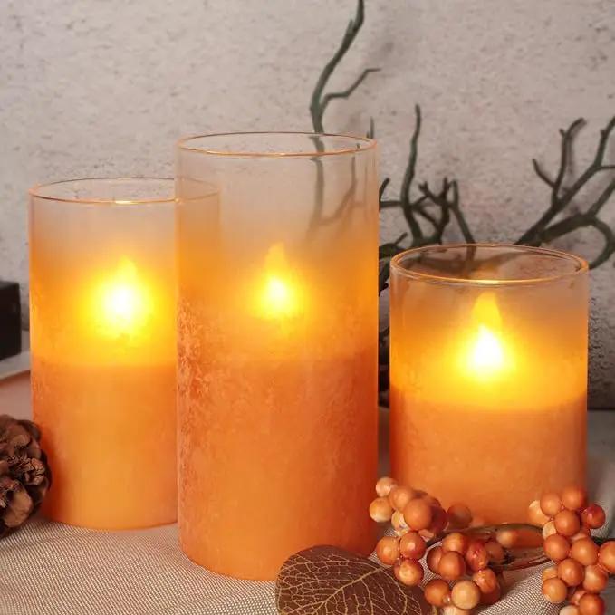 Orange Flameless Candles - Battery Operated Candles with Remote Orange Glass Sandblasted Design Wax Unscented - Centerpieces for Dinner Table Tray House Warming Thanksgiving Gifts by GreenHaven Gardens