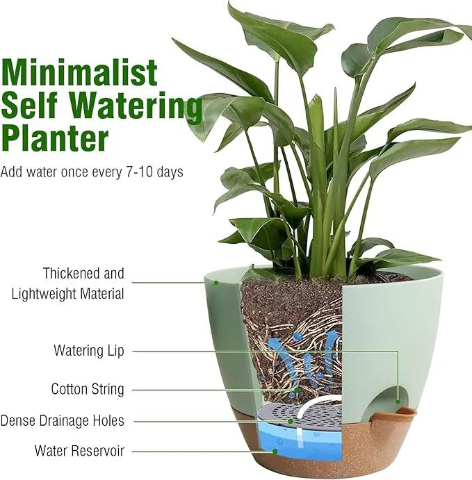 WOUSIWER 10 inch Self Watering Planters, 2 Pack Large Plastic Plant Pots with Deep Reservior and High Drainage Holes for Indoor Outdoor Plants and Flowers, Green with Terracotta by GreenHaven Gardens