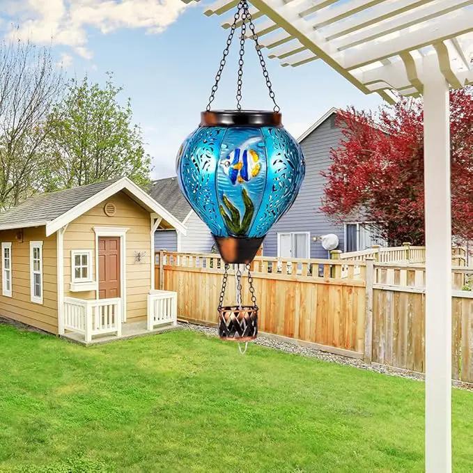 Blue Fish Hot Air Balloon Solar Lantern with Flickering Flame Hanging Solar Lanterns Outdoor Waterproof,LED Metal Hot Air Balloon Lights for Patio Yard Garden Decor,Mother Day Gifts for Women by GreenHaven Gardens