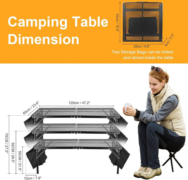 Grill Table 4FT Camping Table with 7/15 L Storage Bag 3 Height Adjustable Picnic Table Foldable Folding Portable Stand Mesh Outdoor BBQ by GreenHaven Gardens