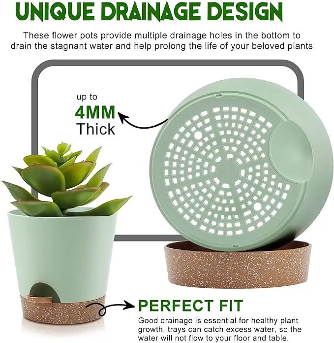 Indoor Self Watering Planters with Drainage Holes and Saucers, 9,8, 7.5 Inches, Green, 3 Pots (Springgreen) by GreenHaven Gardens
