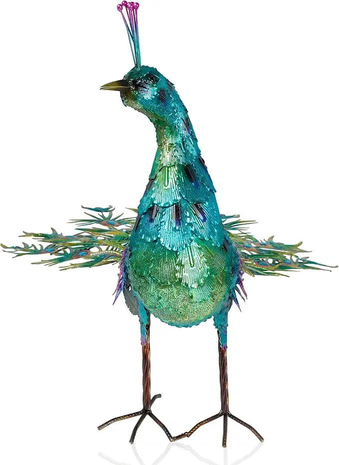 Alpine Corporation HEH378 Metal Jumbo Sized Majestic Peacock Decor, Elegant Garden & Patio Bird Statue, 33" H, Blue by GreenHaven Gardens