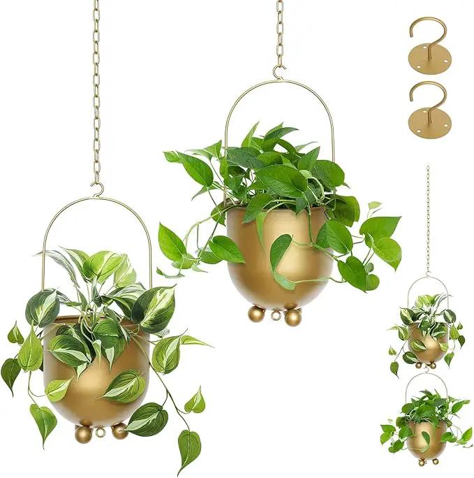 AceList Boho Gold Metal Hanging Planters, Set of 2 with Hooks & Chains - Versatile Wall & Ceiling Plant Hangers for Indoor/Outdoor Décor by GreenHaven Gardens