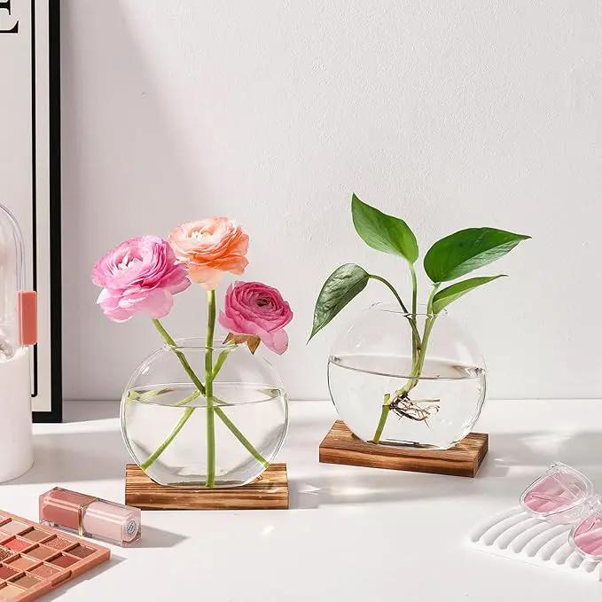 4 Pack Plant Propagation Station with Wooden Base Glass Terrariums for Indoor Plants Decorative Round Vases for Flowers Hydroponic Planter for Home Office Decor by GreenHaven Gardens