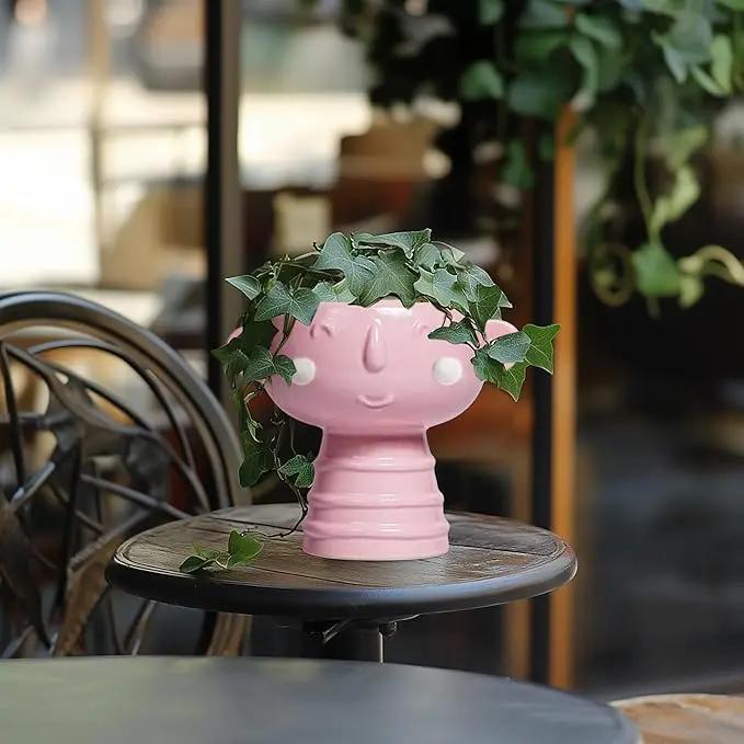 Smiley Face Planter - 7 Inch Ceramic Head Planter for Indoor Outdoor Plants, Cute Succulent Pots with Drainage Hole, Decorative Flower Pots, Home Room Desk Decor, Birthday Gifts, Bright Pink by GreenHaven Gardens