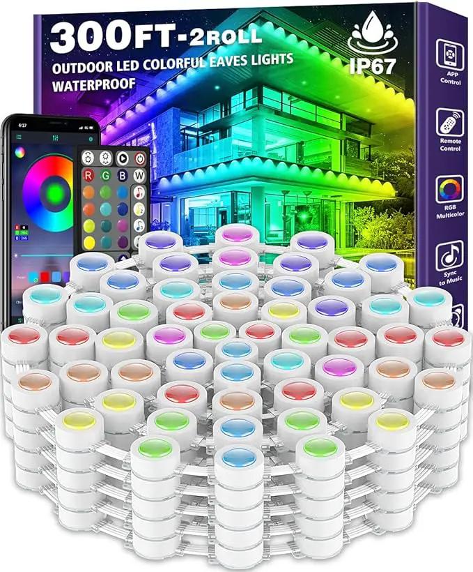 300FT Permanent Outdoor RGB Lights,IP67 Waterproof Smart LED Eaves Lights with App/Remote Control,for Christmas and All Holiday Decor,Daily and Accent Lighting,House Roof and Garden Lighting by GreenHaven Gardens