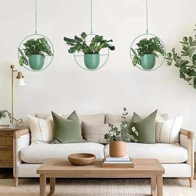 Hanging Planters 2 Pack Boho Mid Century Hanging Plants Hangers Metal Wall Ceiling Flower Pot Indoor Outdoor Vine Holder Room and Window Decor(Green) by GreenHaven Gardens